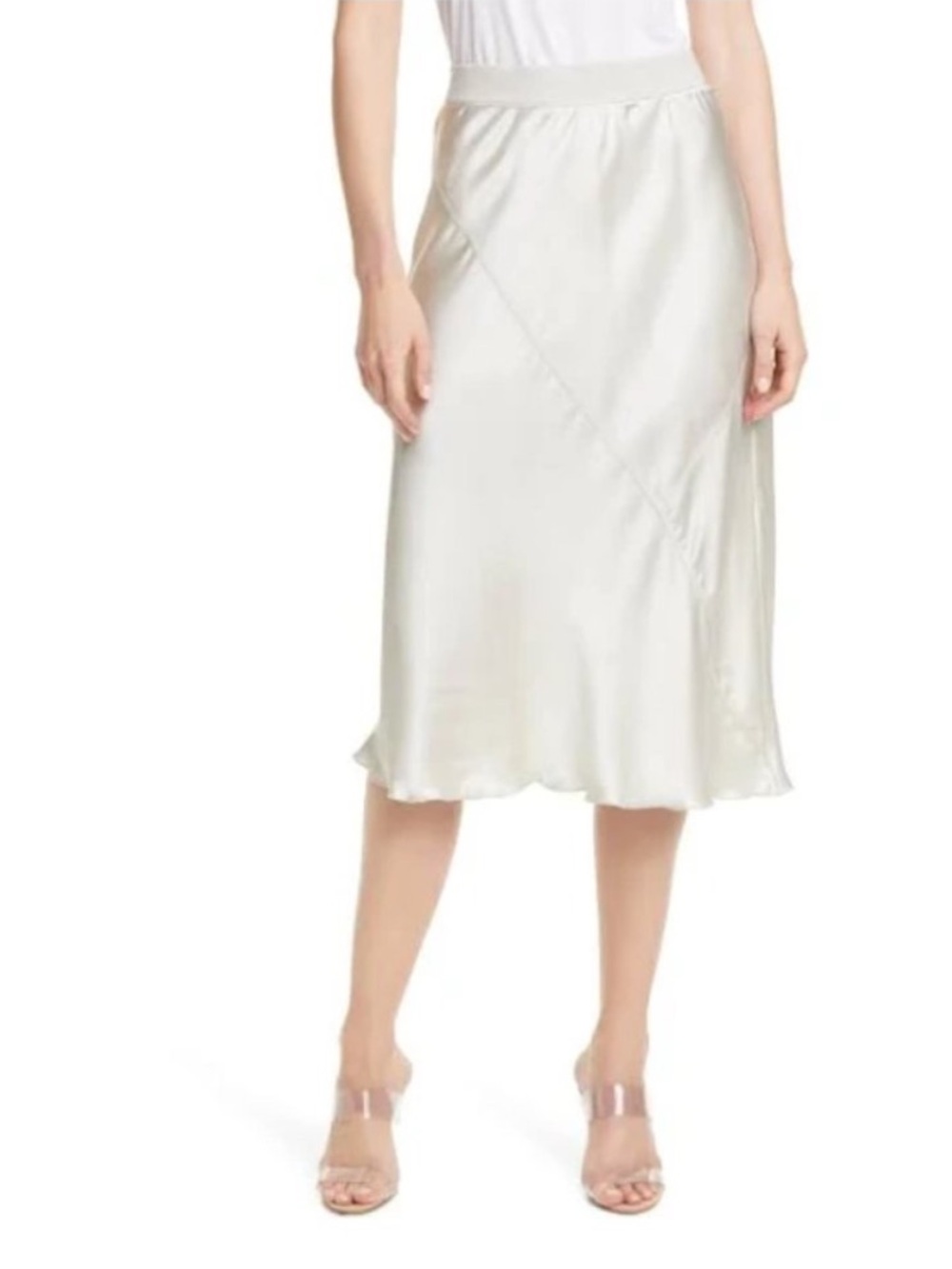ATM Silver/Gray 100% Silk Satin Bias Cut Quiet Luxury Midi Slip Skirt Sz L